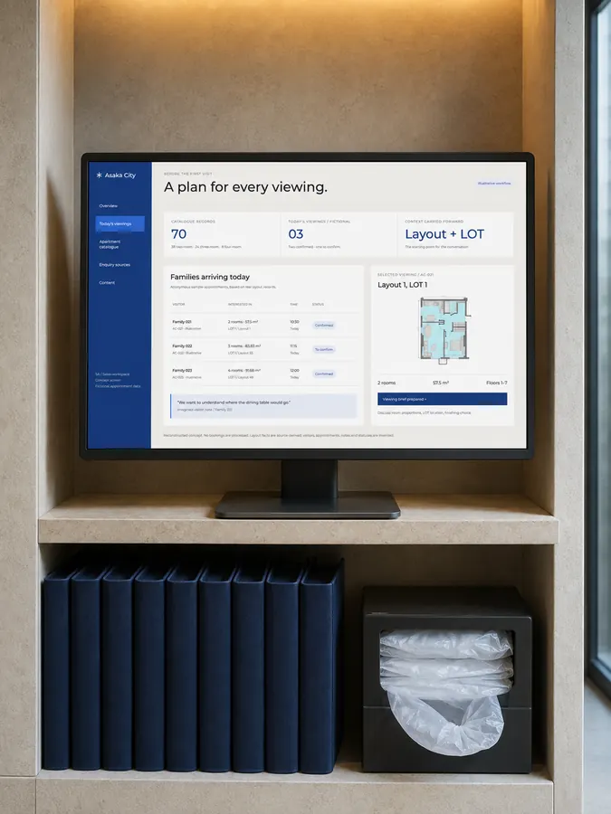 Visningsmappar på säljkontorets hylla