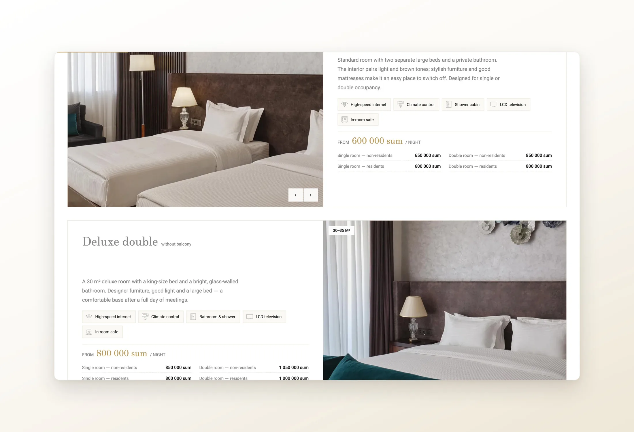 Room cards compared by space, amenities and both rates