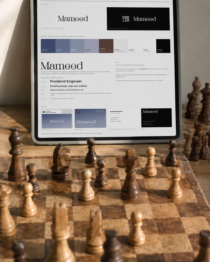 The identity sheet beside a chessboard