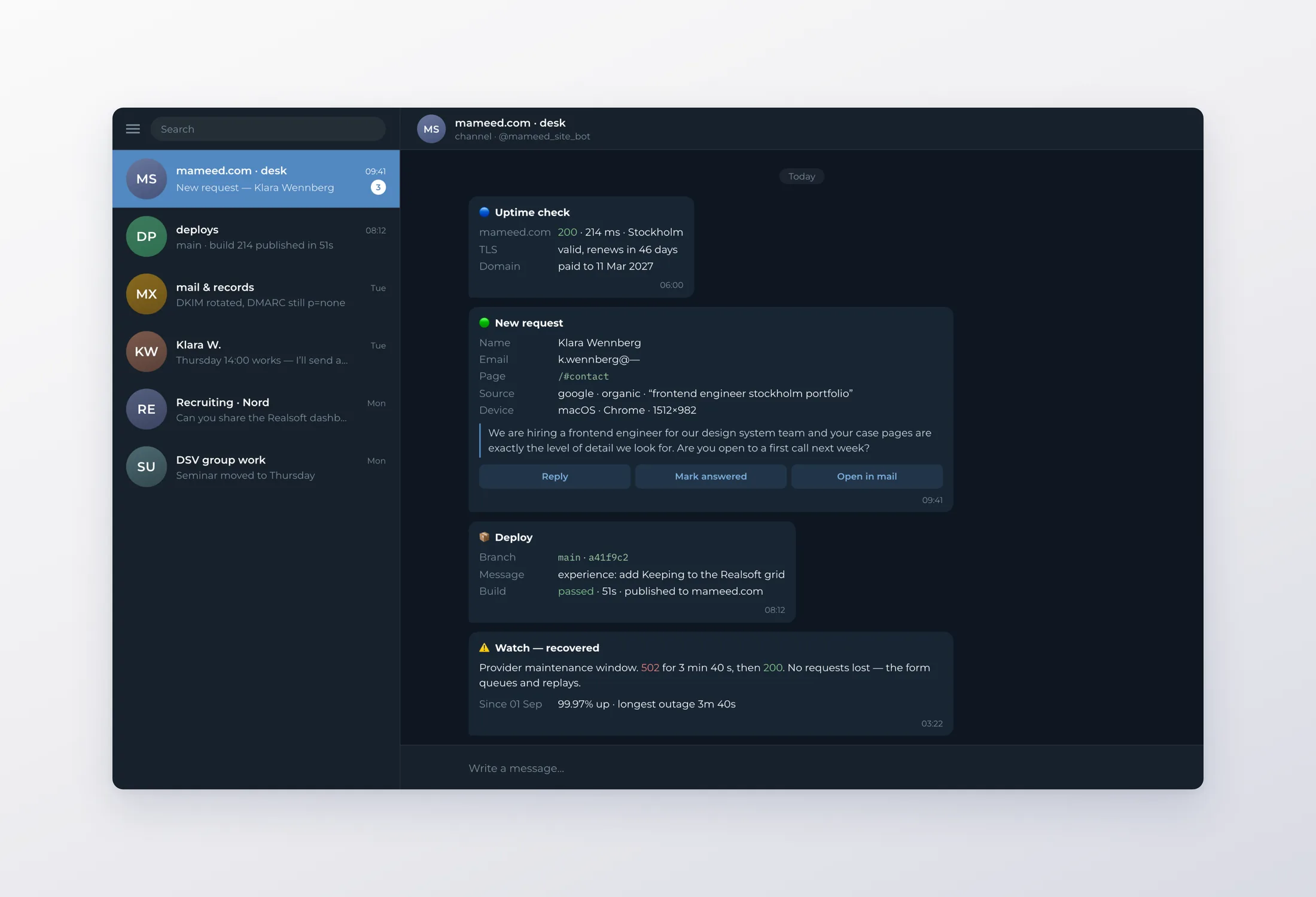 Form messages and alerts in one Telegram channel — reconstructed