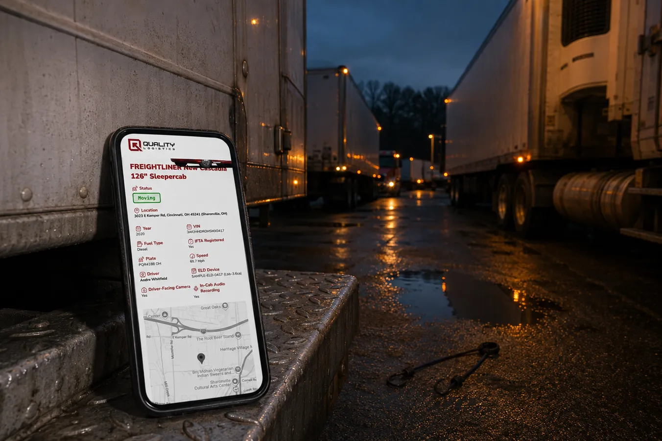 Tracking a load on a phone at a truck stop, dawn