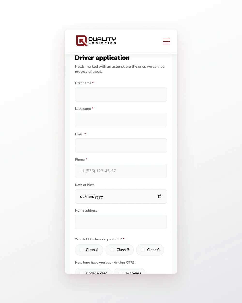 The driver application on a phone