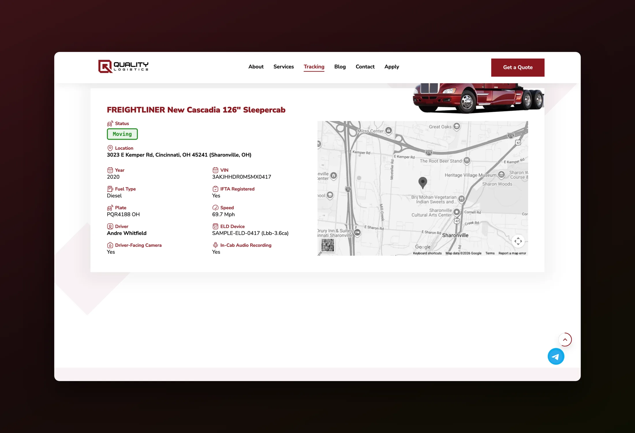 One VIN: status, location, speed and driver