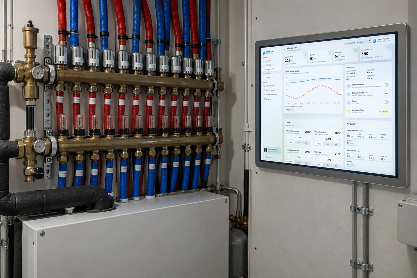 The climate panel beside the heating manifold