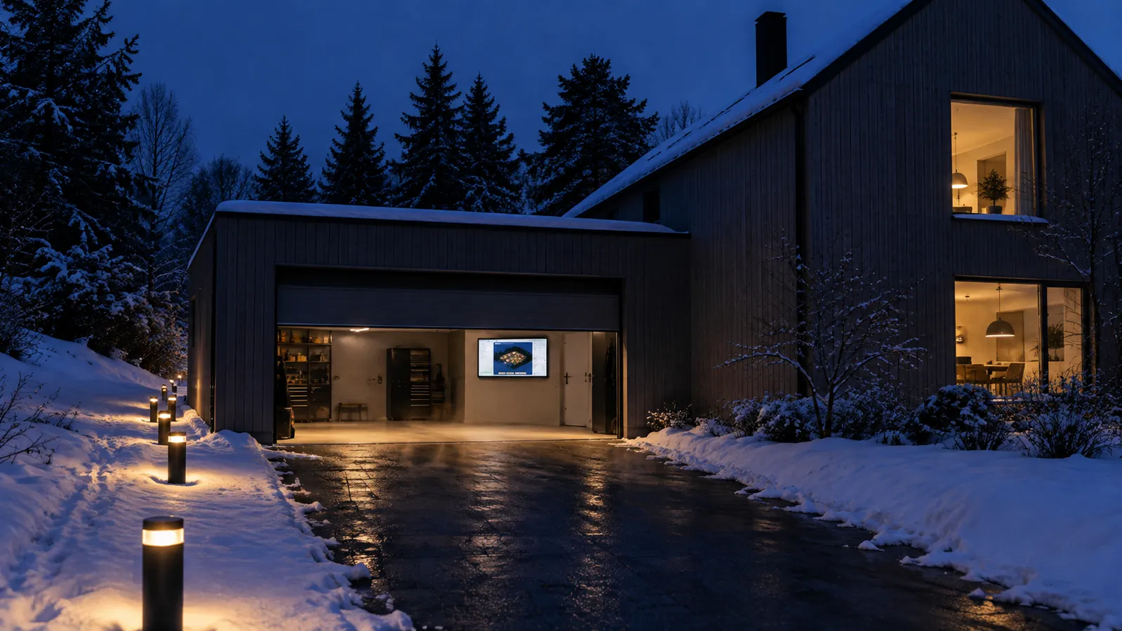 The house at blue hour, the garage screen lit