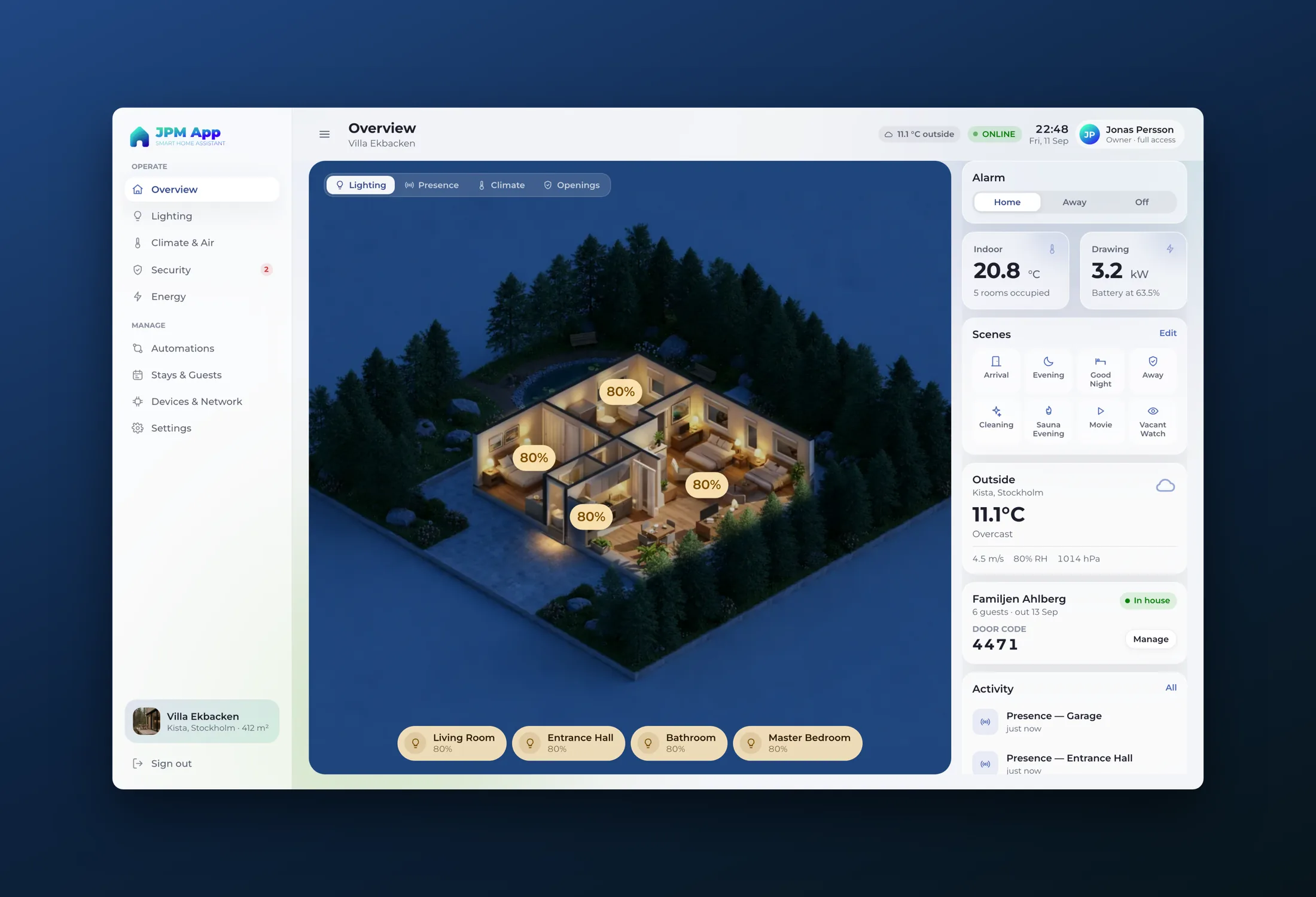 The overview: the plan of the house, lit room by room