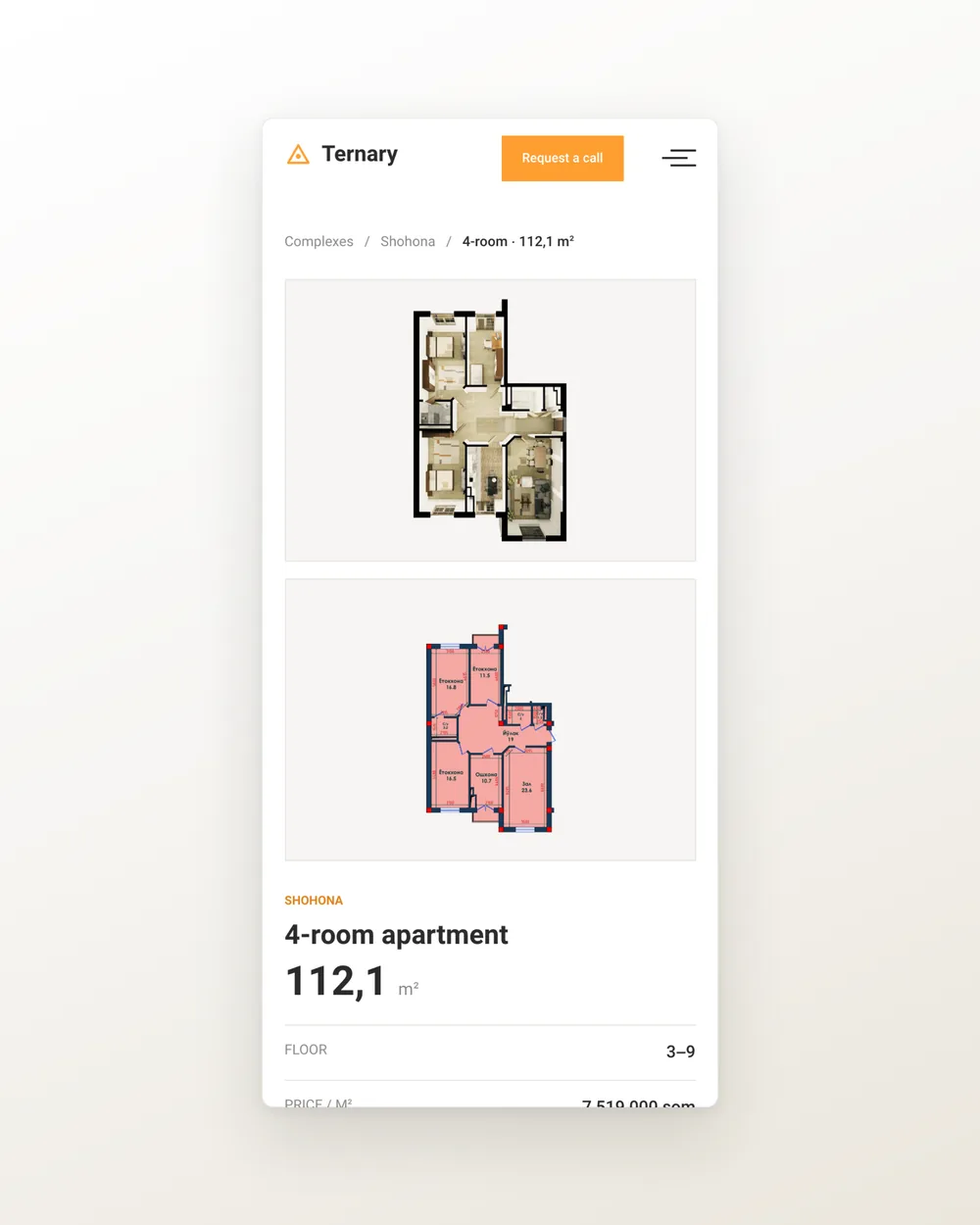 One apartment, with its plan and its place on the storey