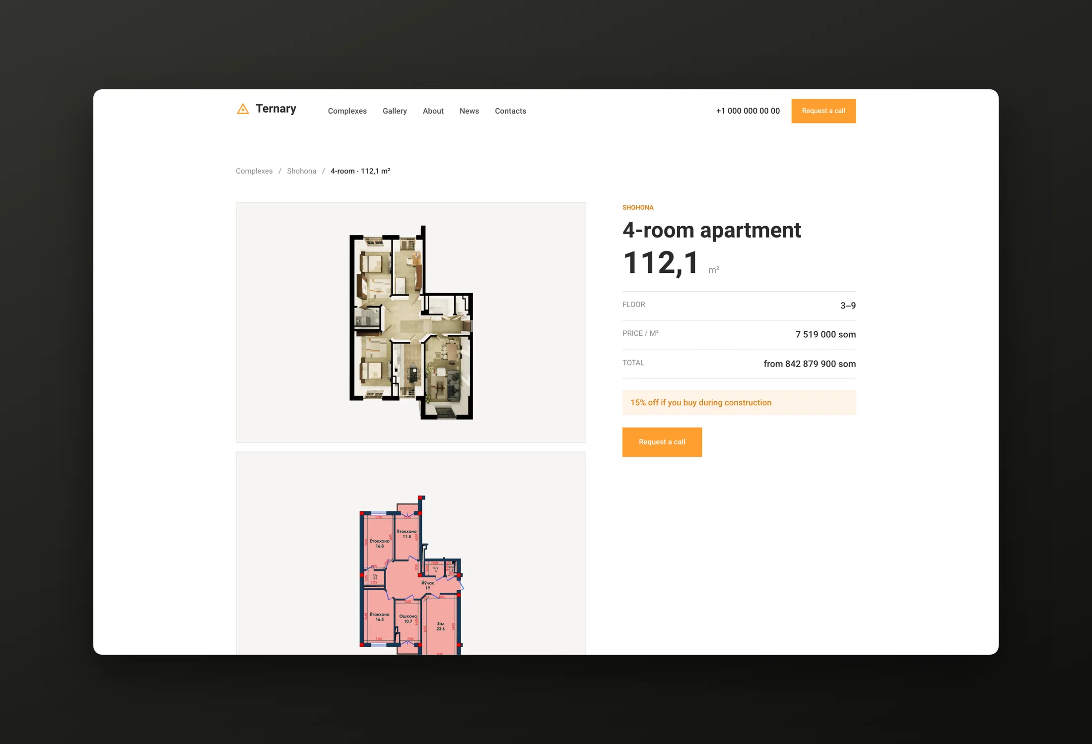 A layout page: plan, storey scheme, price and finish