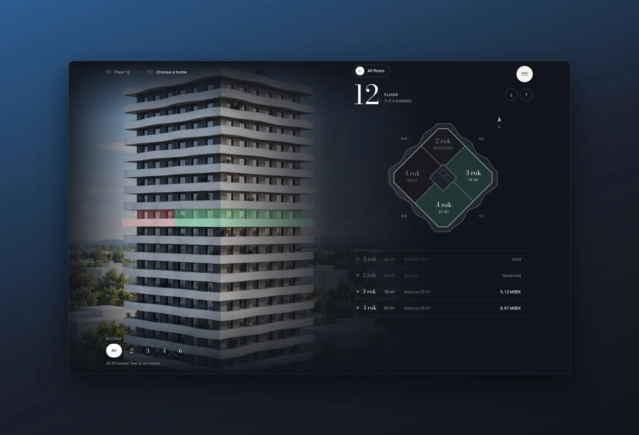 Choosing a floor pushes in on it and opens its plan